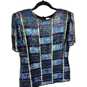 Vtg Eveningwear Womens Sequin & Silk Top Blouse Large Purple Joan Leslie 90s